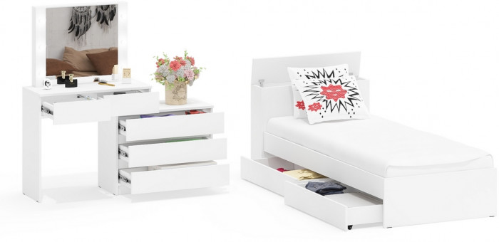Ксения Кровать с ящиками 0900 + Стол косметический с подсветкой 110, белый