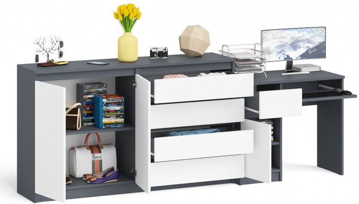 Мори компьютерный стол МС-1 левый + Комод МК1600.1, графит/белый