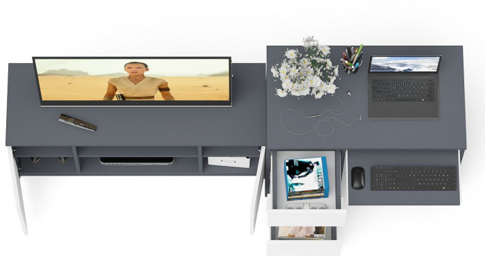 Мори компьютерный стол МС-6 левый + Тумба МТВ1200.1, графит/белый