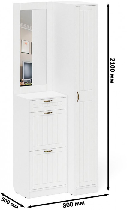 Прихожая П-6 Компоновка № 43, белая шагрень/фасады МДФ белое дерево фрезеровка прованс