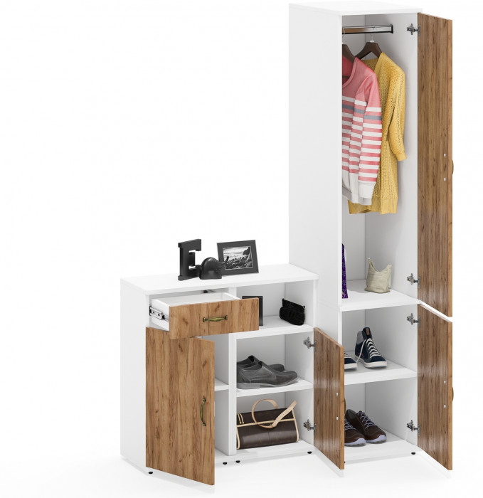 Лидер-8 Пенал МД 23Б + Тумба МД 3.15 + Тумба МД 3.19, цвет белый шагрень/крафт золото, ШхГхВ 120х50х190 см., универсальная сборка