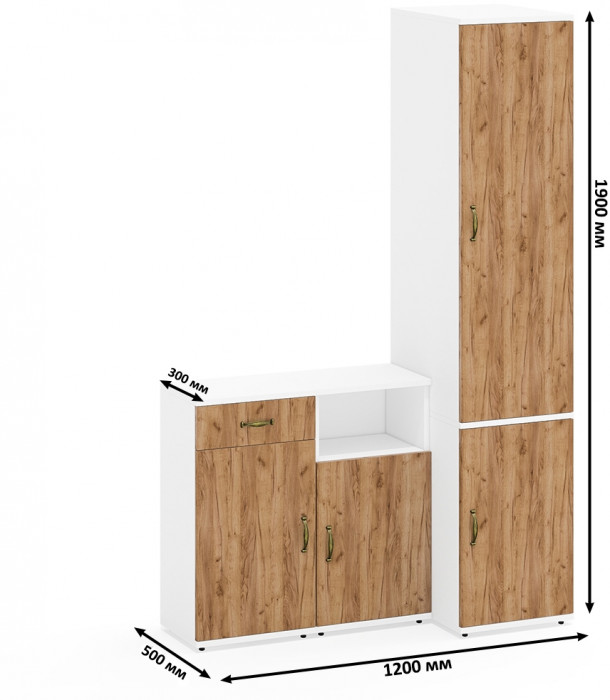 Лидер-8 Пенал МД 23Б + Тумба МД 3.15 + Тумба МД 3.19, цвет белый шагрень/крафт золото, ШхГхВ 120х50х190 см., универсальная сборка