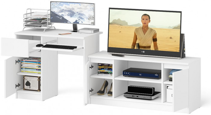 Мори Стол компьютерный МС-1 левый + Тумба МТВ1200.1, цвет белый, ШхГхВ 210,4х50х76,6 см., выдвижной ящик слева, НЕ универсальная сборка