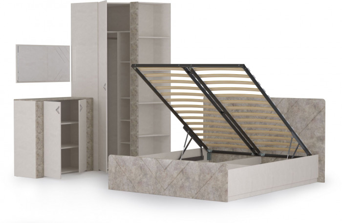 Амели Спальня № 9 Комод 13.107 + Зеркало + Шкафы 13.140 + 13.131 + Кровать 11.31 + под. ортопед, цвет шёлк. камень/бетон чикаго беж, 1600х2000 мм, б/м