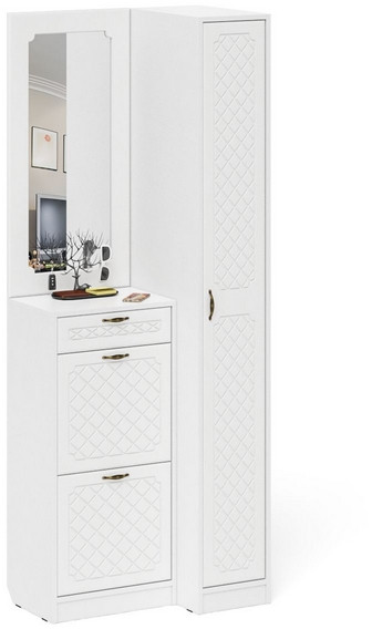 Прихожая П-6 Компоновка № 43, белая шагрень/фасады МДФ белое дерево фрезеровка ромб