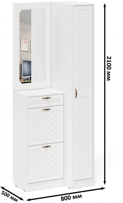 Прихожая П-6 Компоновка № 43, белая шагрень/фасады МДФ белое дерево фрезеровка ромб