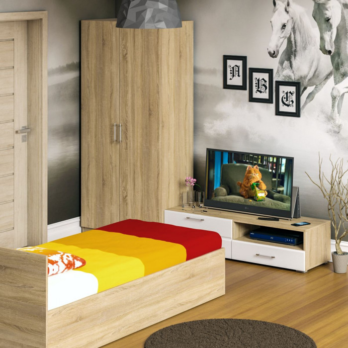 Спальня Стандарт 3-0900, дуб сонома/фасады ТВ тумбы МДФ белый глянец