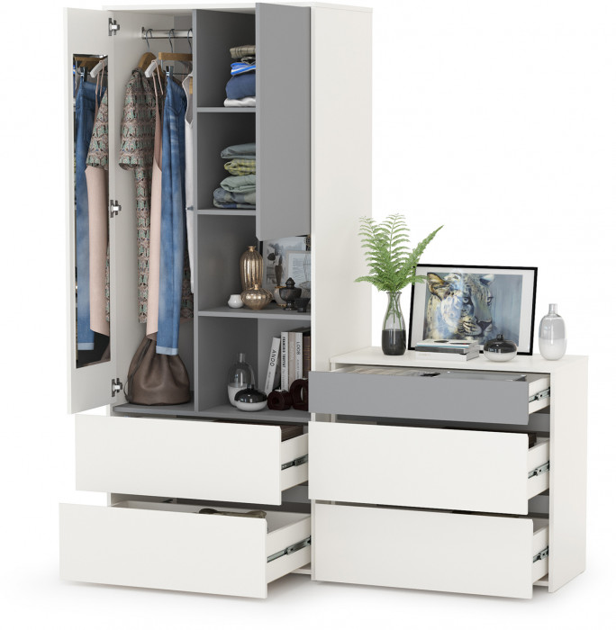 Торонто 13.333 Шкаф для одежды + 13.321 Комод, белый шагрень/стальной серый