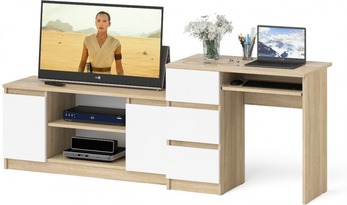 Мори компьютерный стол МС-6 левый + Тумба МТВ1200.1, дуб сонома/белый