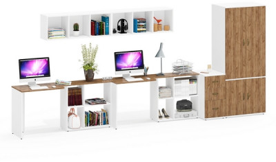 Лидер-8 Стол + Полка + Стол + Полка + Шкаф МД 19Б + Тумба МД 3.16, цвет белый шагрень/крафт золото, 450х50х75/190 или 230х200/50х75/190, НЕ ун. сб.