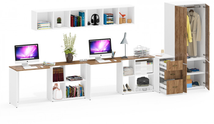 Лидер-8 Стол + Полка + Стол + Полка + Шкаф МД 19Б + Тумба МД 3.16, цвет белый шагрень/крафт золото, 450х50х75/190 или 230х200/50х75/190, НЕ ун. сб.