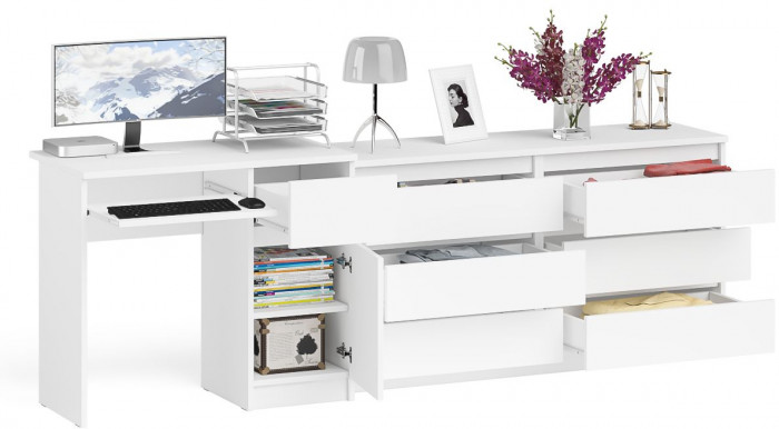 Мори Стол компьютерный МС-1 правый + Комод МК1380.6, цвет белый, ШхГхВ 228х50х76,6 см., выдвижной ящик справа, НЕ универсальная сборка