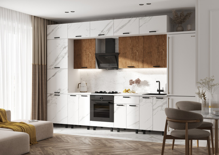 Кухня Техно 3,0/1080м Компоновка №6, Белый/Мрамор белый/Экзотическое дерево Амазония (Антарес)