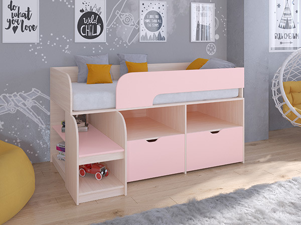 Кровать чердак Астра 9 V6 Дуб молочный/Розовый