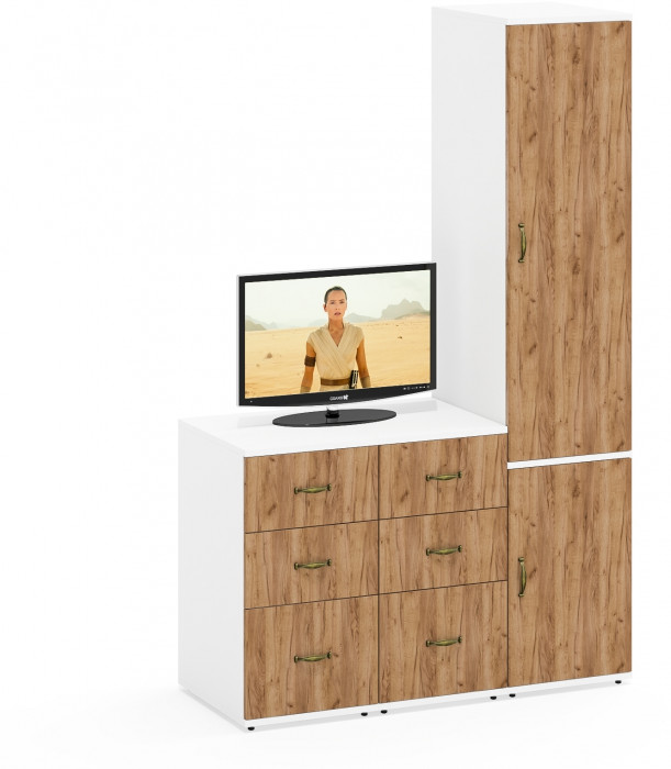 Лидер-8 Пенал МД 23Б + Тумба МД 3.16 + Тумба МД 3.16, цвет белый шагрень/крафт золото, ШхГхВ 120х50х190 см., универсальная сборка