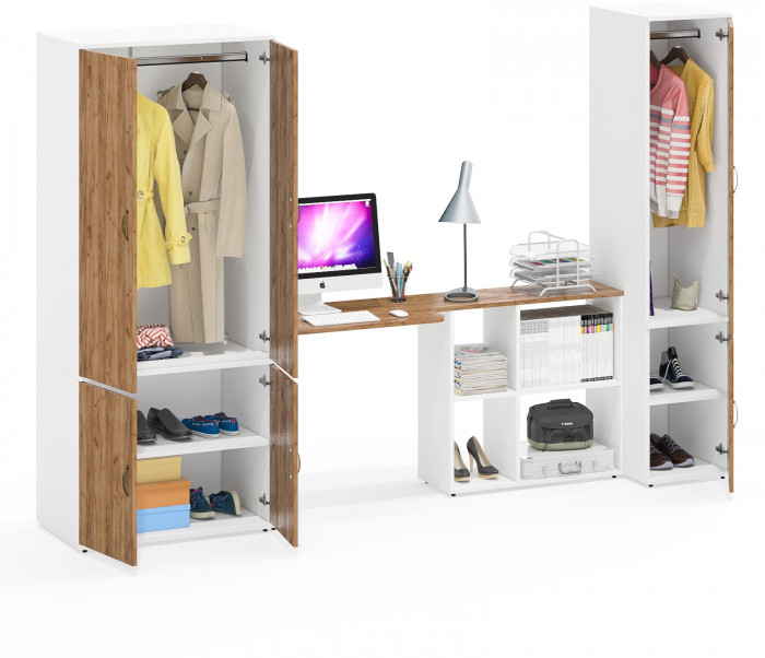 Лидер-8 Шкаф МД 19Б + Стол + Пенал 23Б, цвет белый шагрень/крафт золото, ШхГхВ 285х50/37,5х75/190 или 195х120х75/190 см., НЕ ун.сб.