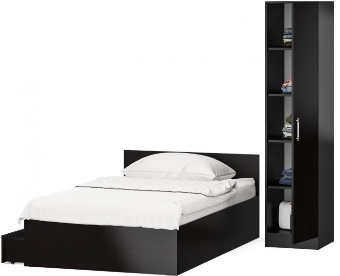 Кровать с ящиками 1200 + Пенал Стандарт, цвет венге, ШхГхВ 123,5х203,5х70 + 45х52х200 см., сп.м. 1200х2000 мм., без матраса, основание есть