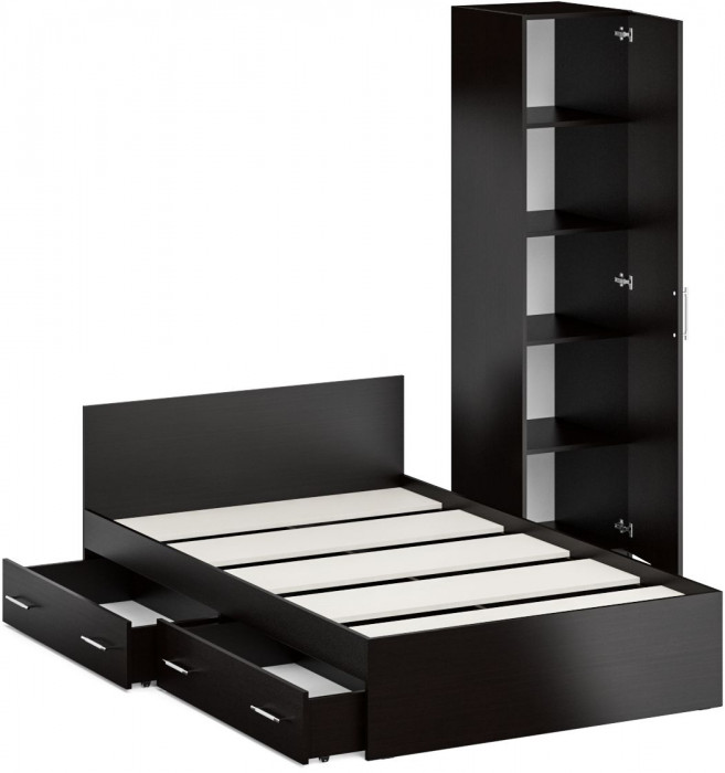 Кровать с ящиками 1200 + Пенал Стандарт, цвет венге, ШхГхВ 123,5х203,5х70 + 45х52х200 см., сп.м. 1200х2000 мм., без матраса, основание есть