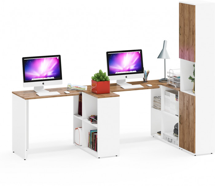 Лидер-8 Стол + Стол + Пенал, цвет белый шагрень/крафт золото, ШхГхВ 370х50/30х75/190 см. или 230х50/120х75/190 см., НЕ универсальная сборка