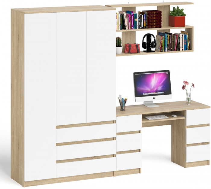 Мори компьютерный стол МС-2 + Шкаф МШ1200.1 + Полка 1200, дуб сонома/белый