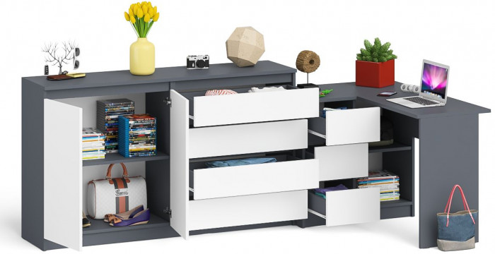 Мори Стол компьютерный МС-16 левый + Комод МК1600.1, цвет графит/белый, ШхГхВ 284,8х84,9х94 см., выдвижные ящики слева, НЕ универсальная сборка