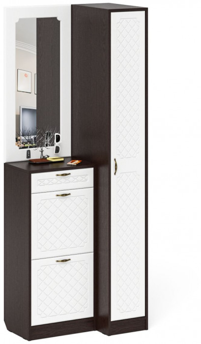 Прихожая П-6 Компоновка № 43, венге/фасады МДФ белое дерево фрезеровка ромб