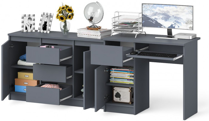 Мори Стол компьютерный МС-1 левый + Комод МК1200.3, цвет графит, ШхГхВ 210,4х50х76,6 см., выдвижной ящик слева, НЕ универсальная сборка