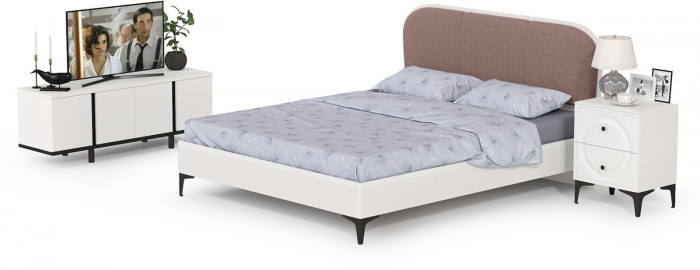 Валенсия Спальня № 12, цвет ЛДСП белый шагрень/чёрный/МДФ белый шагрень/ткань велутто 19, ортопед есть, сп. м. 1600х2000 мм., б/м