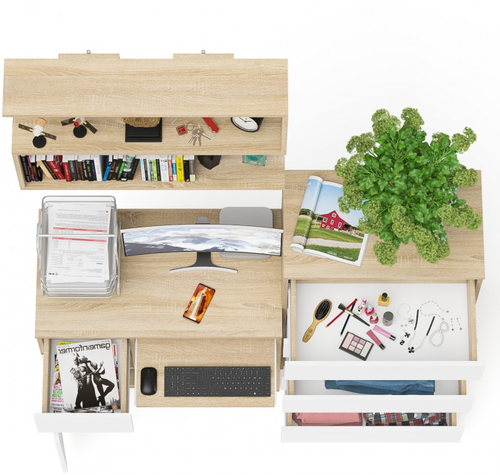 Мори компьютерный стол МС-1 левый + Комод МК700.5 + Полка 900, дуб сонома/белый