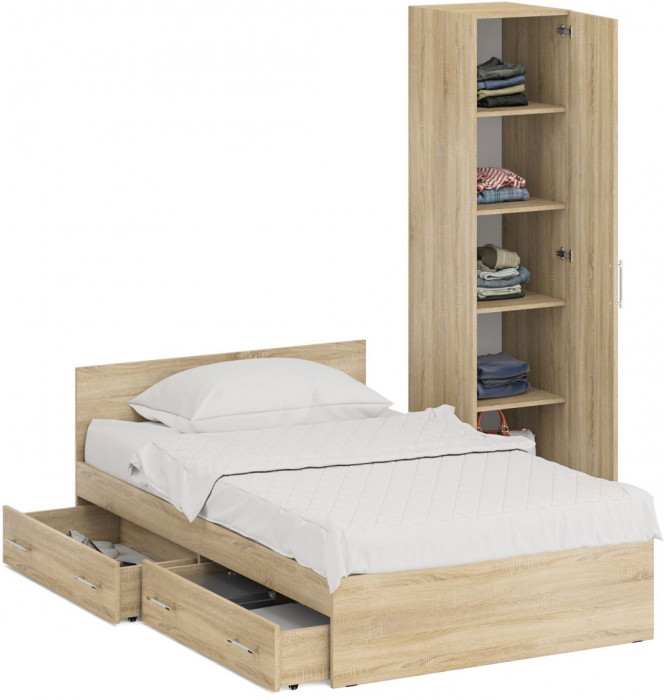 Кровать с ящиками 1200 + Пенал Стандарт, цвет дуб сонома, ШхГхВ 123,5х203,5х70 + 45х52х200 см., сп.м. 1200х2000 мм., без матраса, основание есть