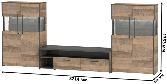 Трувор Гостиная 068, цвет дуб гранж песочный/интра, ШхГхВ 321,4х45,4х135,3 см., универсальная сборка