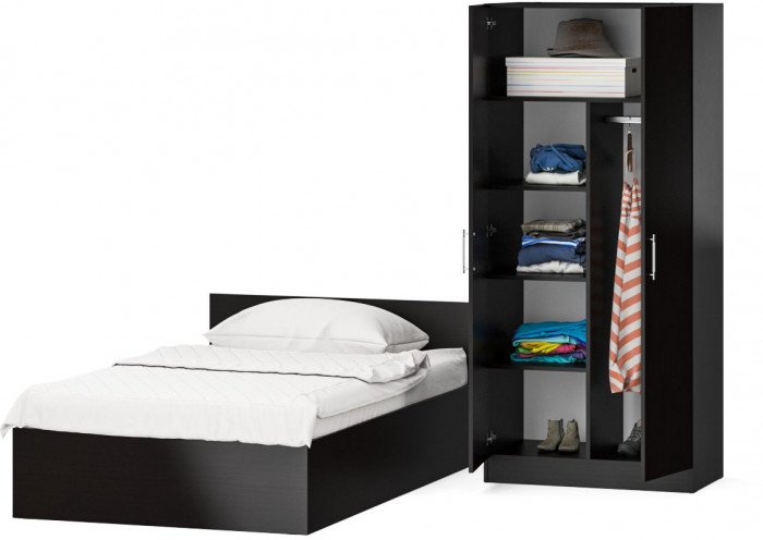 Кровать 1200 + Шкаф 2-х створчатый Стандарт, цвет венге, ШхГхВ 123,5х203,5х70 + 90х52х200 см., сп.м. 1200х2000 мм., без матраса, основание есть