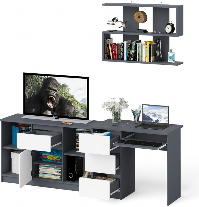 Мори компьютерный стол МС-6 левый + Тумба МТВ1204.1 + Полка 900, графит/белый