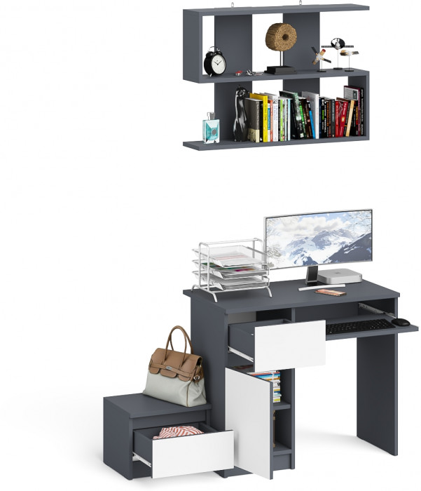 Мори Стол компьютерный МС-1 левый + Тумба ТМП400.1 + Полка 900, цвет графит/белый, ШхГхВ 130,4х50х209,6 см., НЕ универсальная сборка