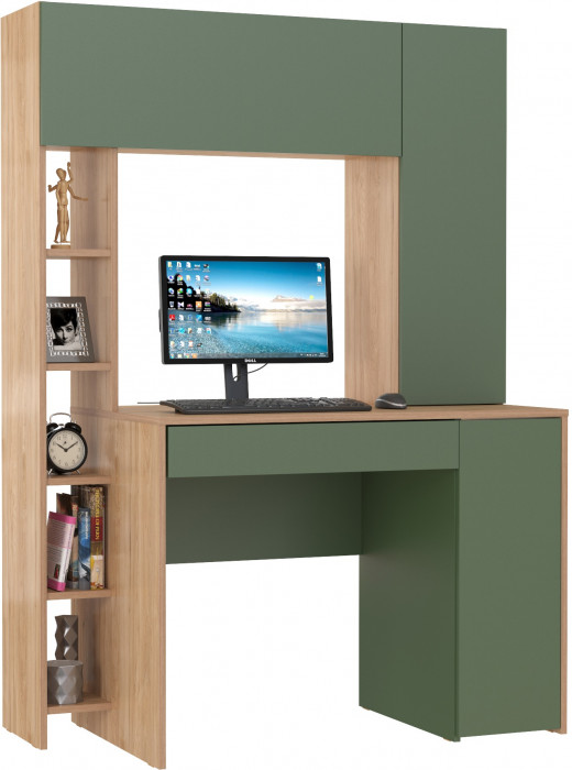 Стол компьютерный Комфорт 12.71, цвет гикори рокфорд натуральный/дымчатый зелёный, ШхГхВ 116,7х60,2х165,4 см., НЕ универсальная сборка