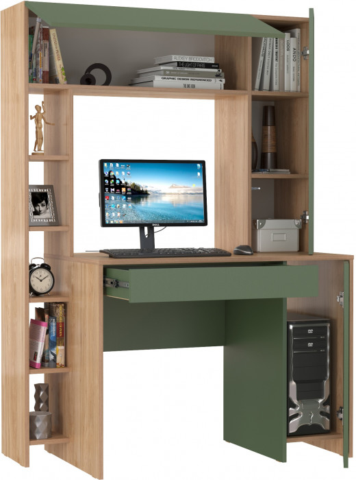 Стол компьютерный Комфорт 12.71, цвет гикори рокфорд натуральный/дымчатый зелёный, ШхГхВ 116,7х60,2х165,4 см., НЕ универсальная сборка