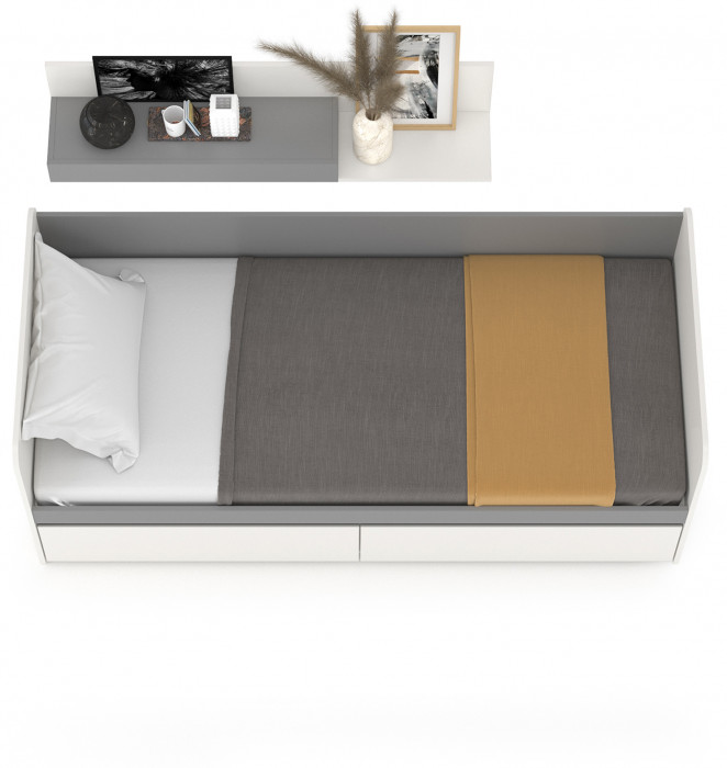 Торонто 11.39 Кровать + 16.475 Полка, цвет белый шагрень/стальной серый, ШхГхВ 194х84,4х150 см., сп. м. 800х1900 мм., б/м, основание есть