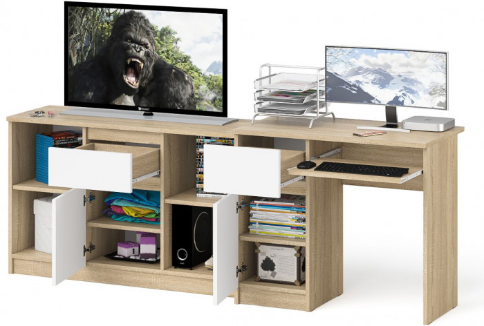 Мори Стол компьютерный МС-1 левый + Тумба МТВ1204.1, цвет дуб сонома/белый, ШхГхВ 210,4х50х76,6 см., выдвижной ящик слева, НЕ универсальная сборка