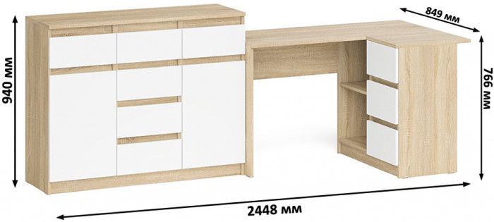 Мори Стол компьютерный МС-16 правый + Комод МК1200.4, цвет дуб сонома/белый, ШхГхВ 244,8х84,9х94 см., выдвижные ящики справа, НЕ универсальная сборка