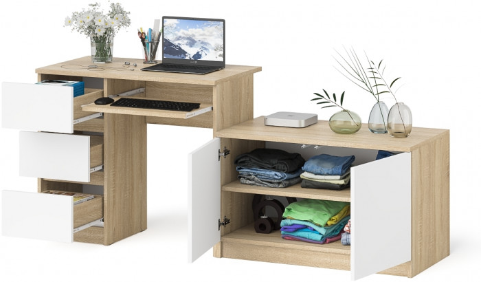 Мори Стол компьютерный МС-6 левый + Тумба МА900.1, цвет дуб сонома/белый, ШхГхВ 180,4х50,4х76,6 см., выдвижные ящики слева, НЕ универсальная сборка