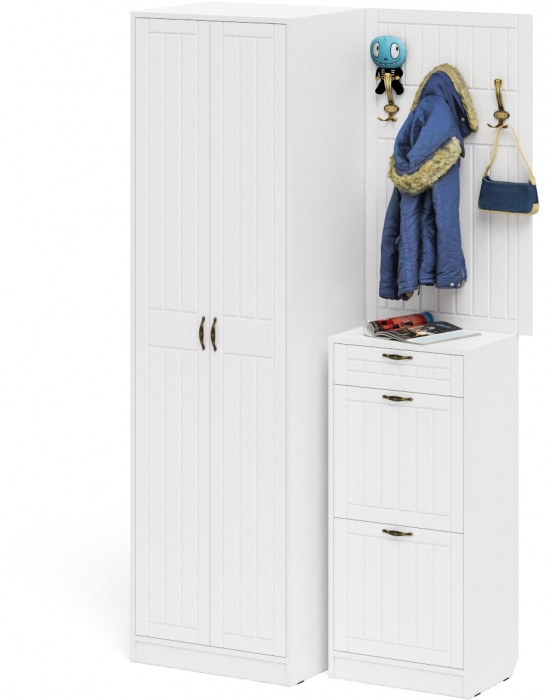 Прихожая П-6 Компоновка № 18, белая шагрень/фасады МДФ белое дерево фрезеровка прованс