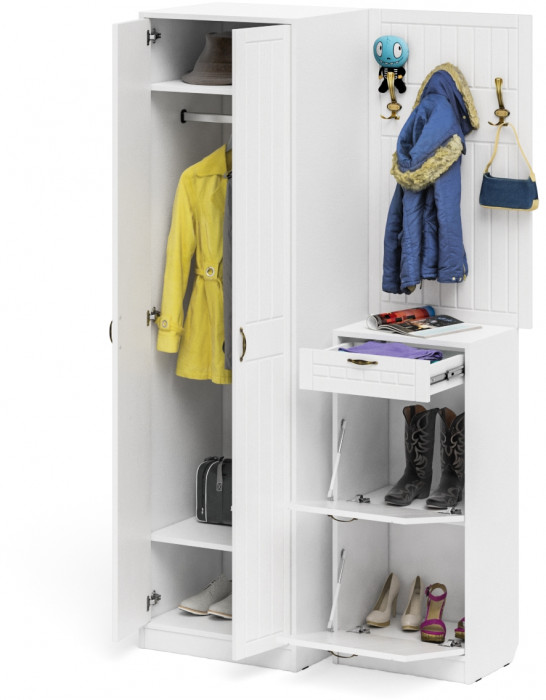 Прихожая П-6 Компоновка № 18, белая шагрень/фасады МДФ белое дерево фрезеровка прованс