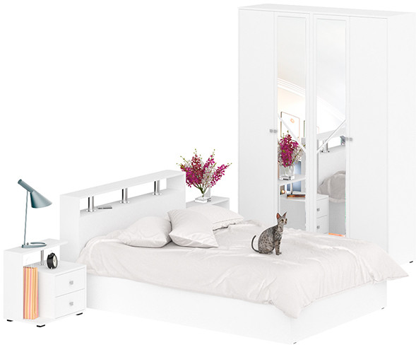 Камелия спальня № 1 Кровать 1400 + Две тумбы + Шкаф 4-х створчатый, белый