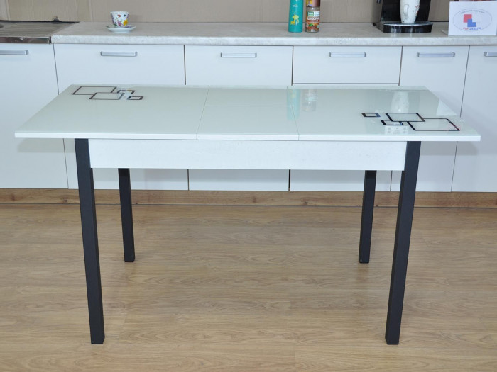 Альфа фотопечать стол обеденный раздвижной / квадраты на белом/бетон белый/черный