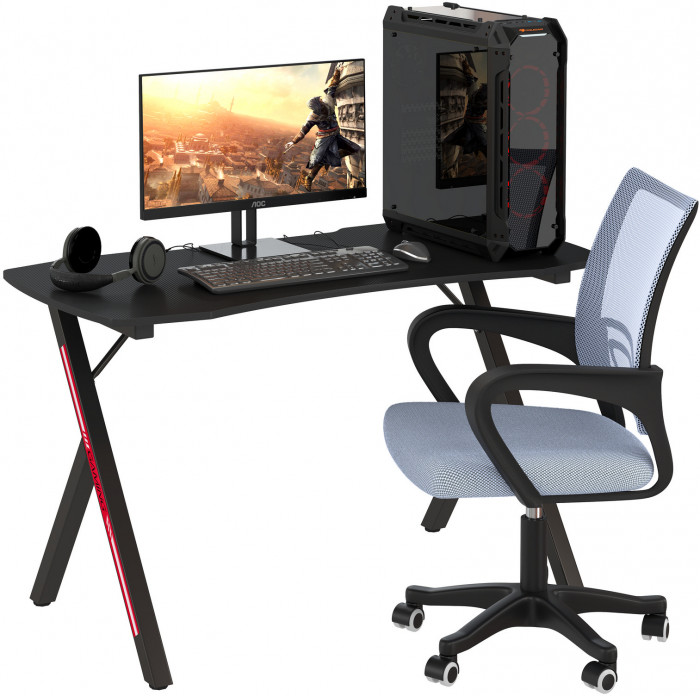 Игровой стол Мебель--24 GT-2310 + кресло компьютерное 103 серое, цвет чёрный, ШхГхВ 120х60х73 + 59х56х83-94 см.