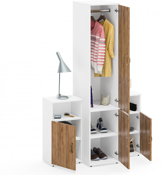 Лидер-8 Пенал МД 23Б + Тумба МД 3.19 + Тумба МД 3.19, цвет белый шагрень/крафт золото, ШхГхВ 120х50х190 см., универсальная сборка