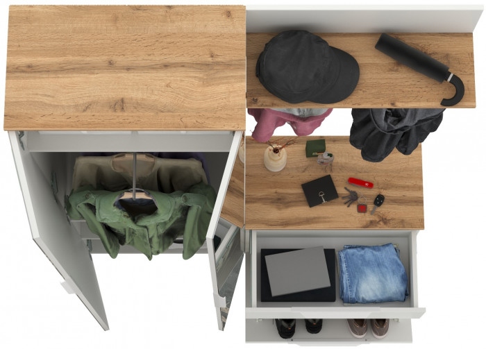 Октава Прихожая 10, цвет белый шагрень/дуб крафт золотой/фасады МДФ белый шагрень, ШхГхВ 129,3х35,4х197,6 см., универсальная сборка