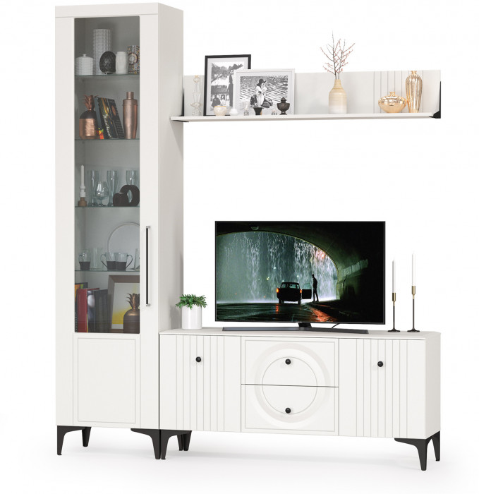 Валенсия Гостиная № 055, цвет ЛДСП белый шагрень/МДФ белый шагрень, ШхГхВ 188,1х38,3х225,2 см., универсальная сборка