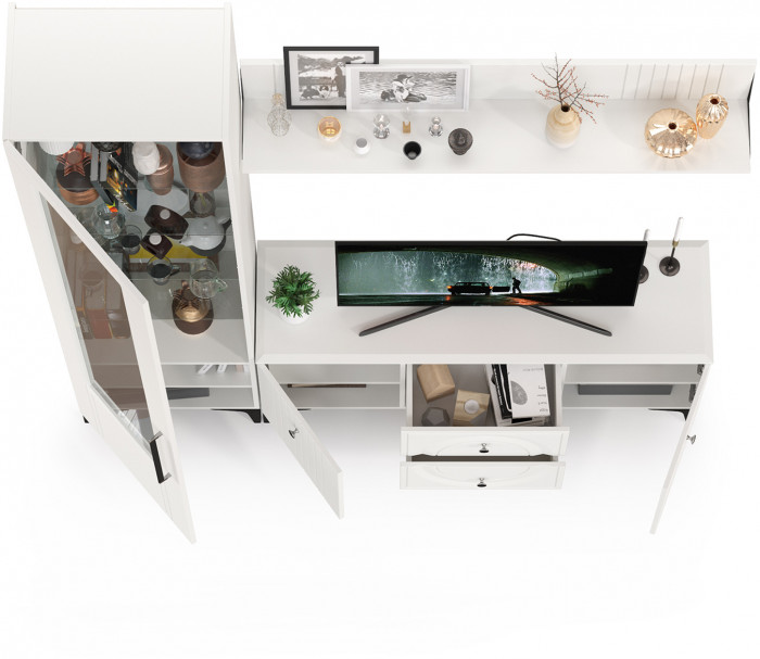 Валенсия Гостиная № 055, цвет ЛДСП белый шагрень/МДФ белый шагрень, ШхГхВ 188,1х38,3х225,2 см., универсальная сборка