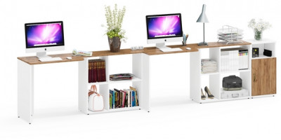 Лидер-8 Стол + Стол + Тумба МД 3.19, цвет белый шагрень/крафт золото, ШхГхВ 370х50/30х75 см. или 230х50/120х75 см., НЕ универсальная сборка